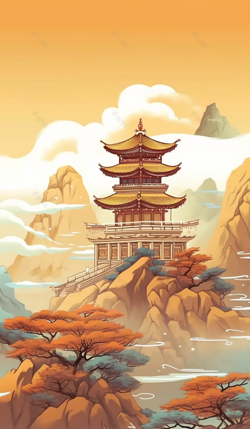 经典国潮复古黄色建筑山水画,插画/手绘图,插画/手绘图库,插画/手绘图下载,插画/手绘